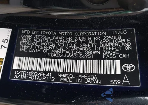 2006 Toyota Prius from USA, damaged, VIN JTDKB20U663136951